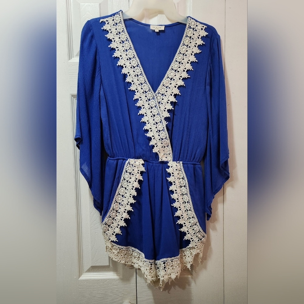 Chic Blue Romper with Lace Trim
